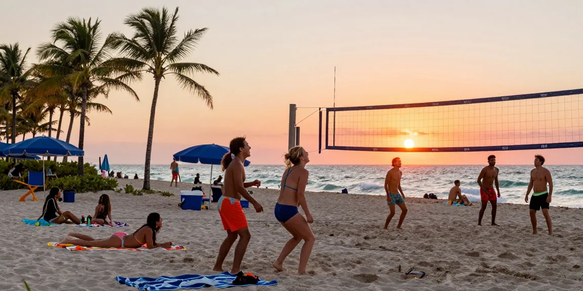 Pengalaman pantai Miami di https://miami4d.com/ dengan teman-teman bermain voli saat matahari terbenam.