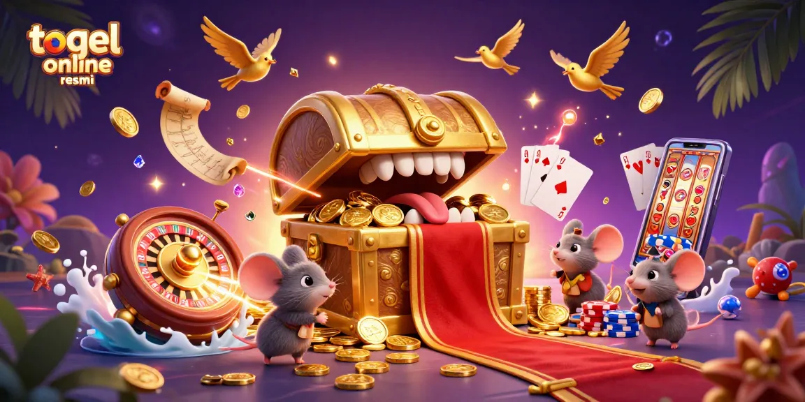 Menggoda para pemain dengan 'togel online resmi' dalam ilustrasi kasino 3D yang penuh warna dan detail.
