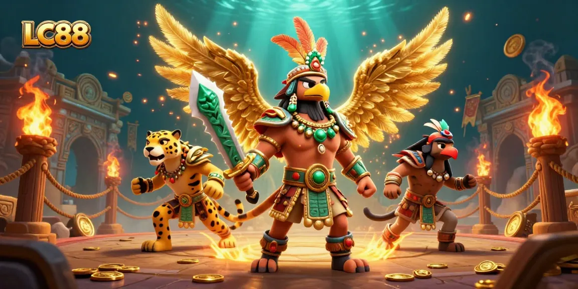 Engage in thrilling games at LC88 with Aztec warriors, golden coins, and dynamic casino elements.