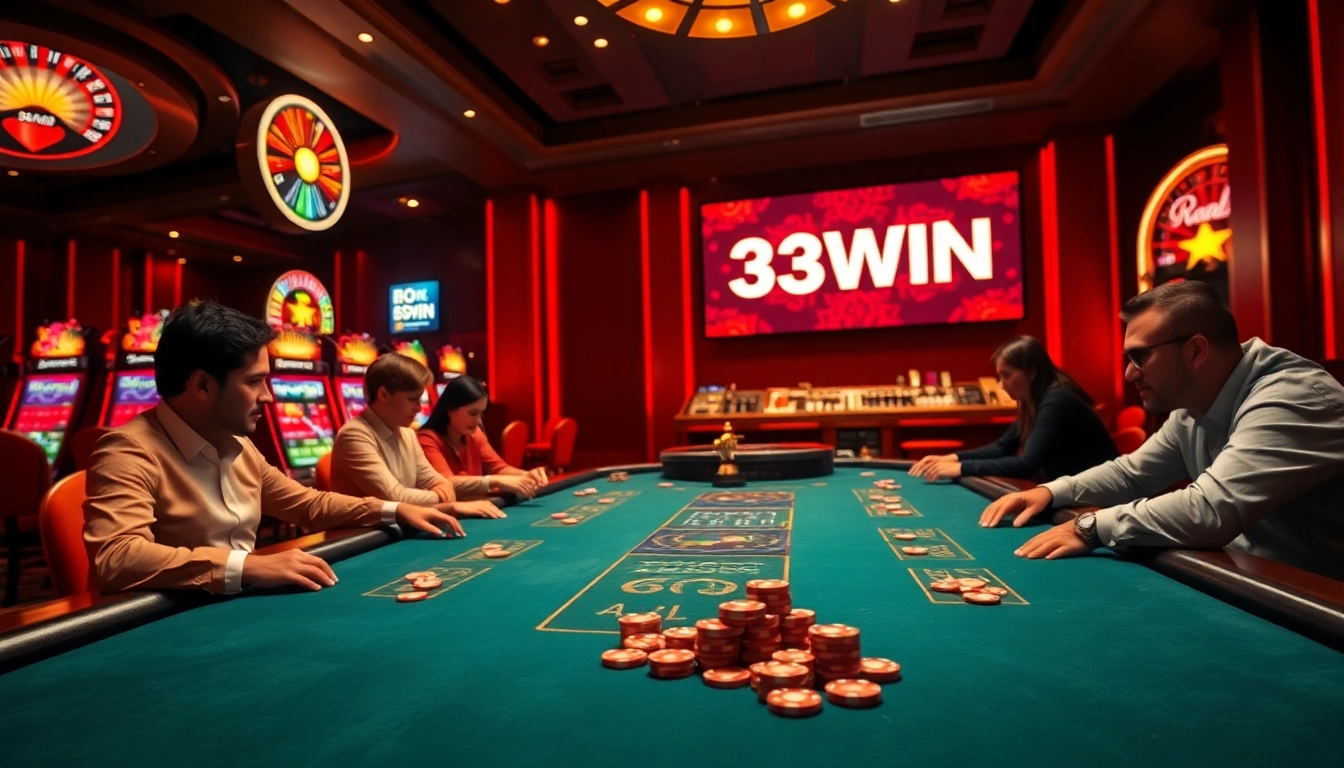 33WIN offers an exciting poker scene featuring high-stakes gameplay in a luxurious casino environment.