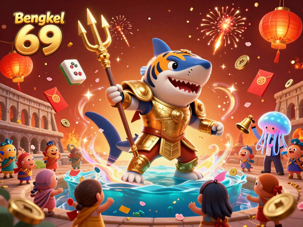 Bengkel 69 showcases a vibrant underwater colosseum scene with a tiger shark and celebratory casino elements.