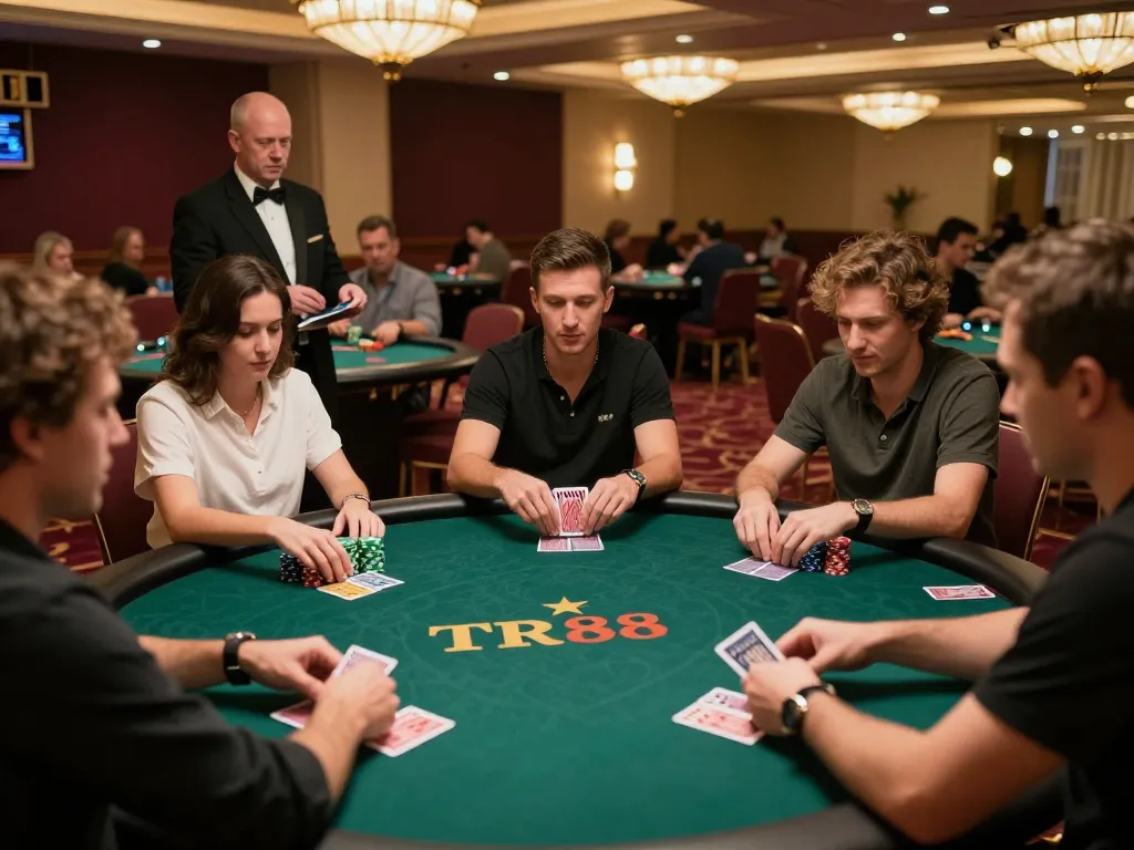 Players enjoying an intense game of poker at qtr88 casino with colorful chips and strategic gameplay