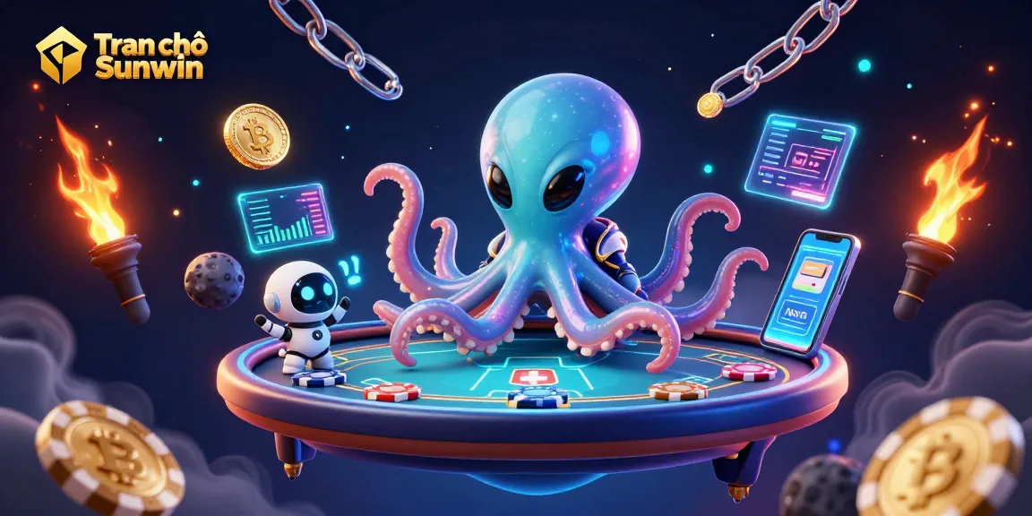 Engage in thrilling gameplay at Tran chủ Sunwin with a holographic poker setup, alien visuals, and crypto elements.