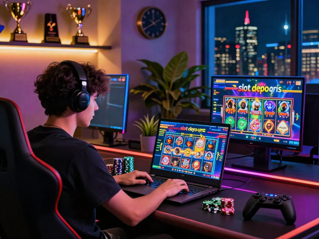 Player engaged in an exciting online slot depo qris game with vibrant visuals and gaming gear.