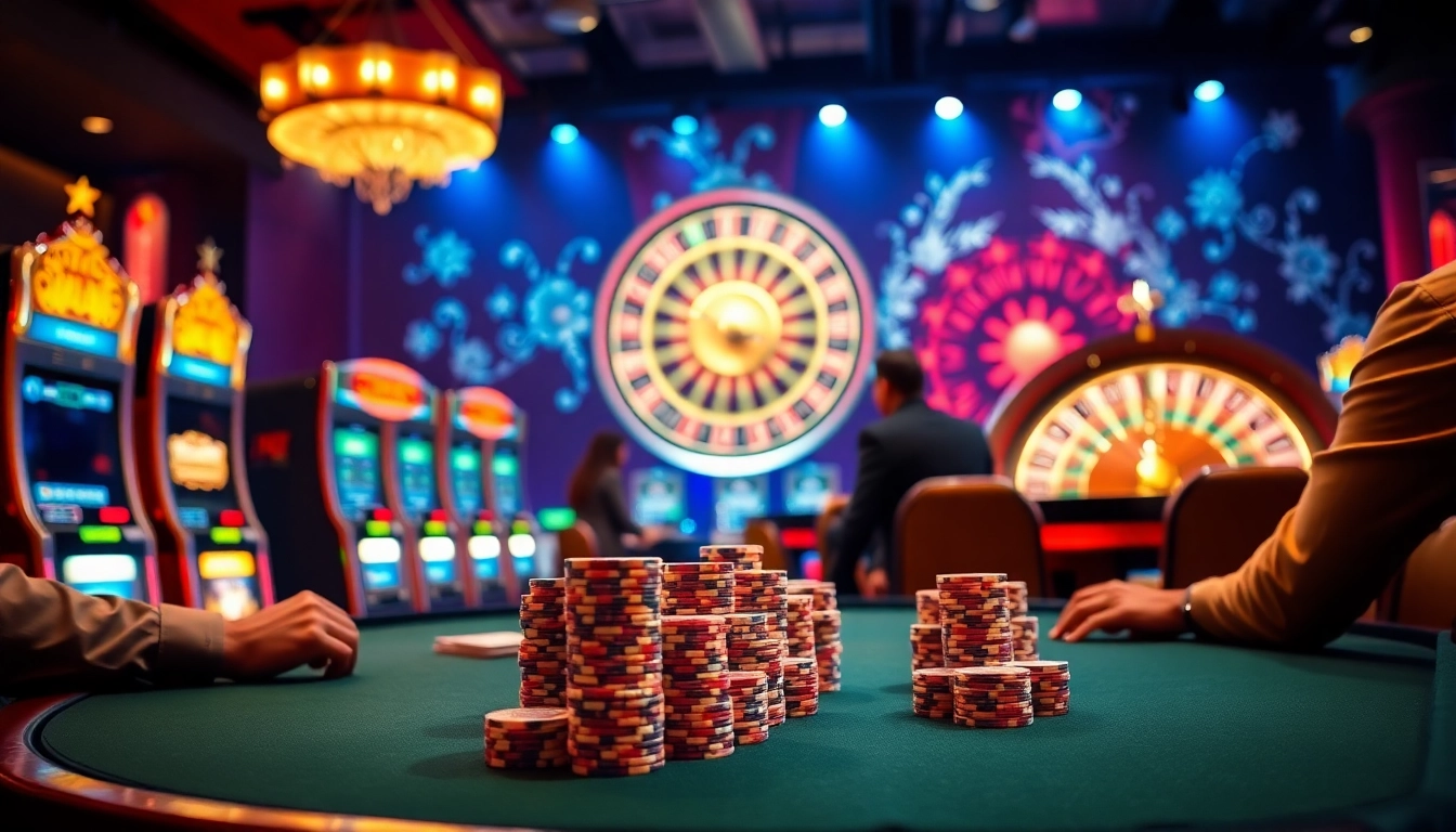 High-stakes poker action at 68VIP casino showcasing vibrant lights and professional atmosphere.