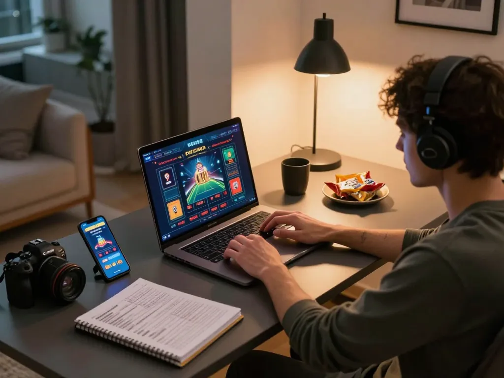 Experience ดูหนังออนไลน์ฟรี in a cozy home gaming setup with a person engaged in online betting