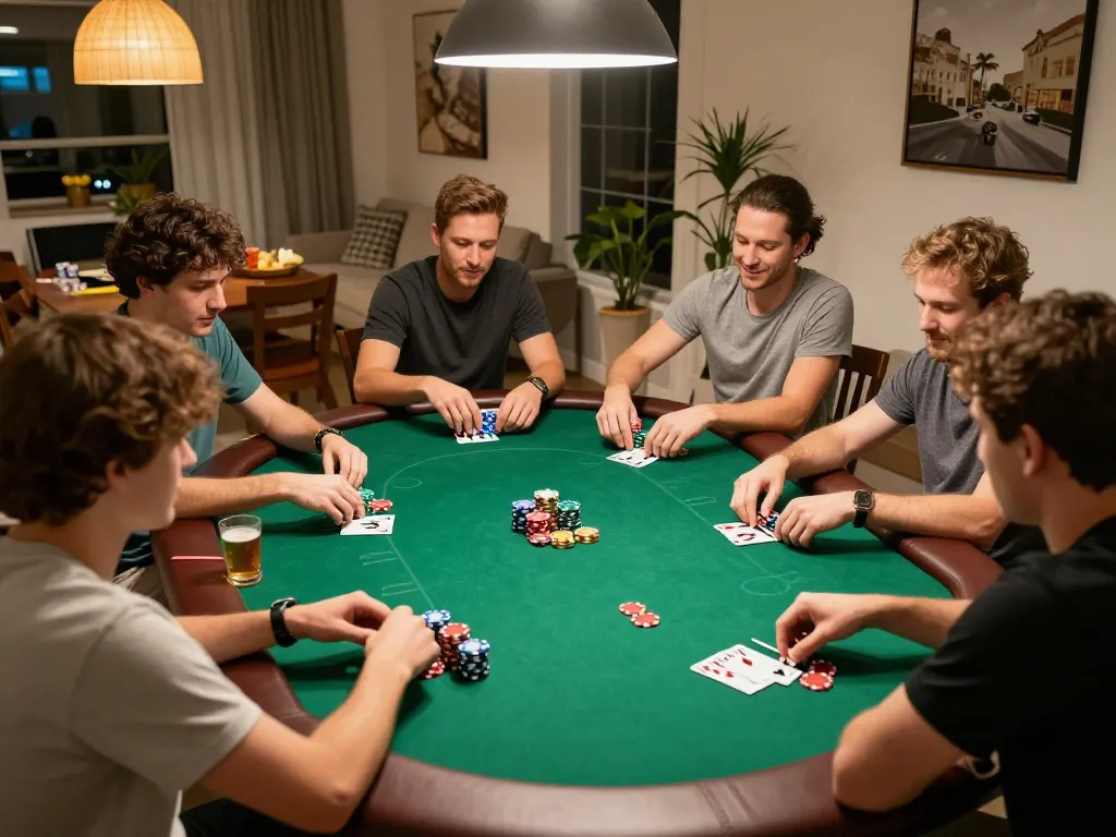 Engage in thrilling MM99 Đăng Nhập gameplay at a lively home poker night with friends.