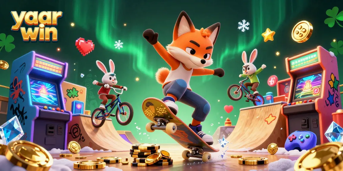 Engage with yaar win at the vibrant casino-themed scene featuring animated characters and game elements.