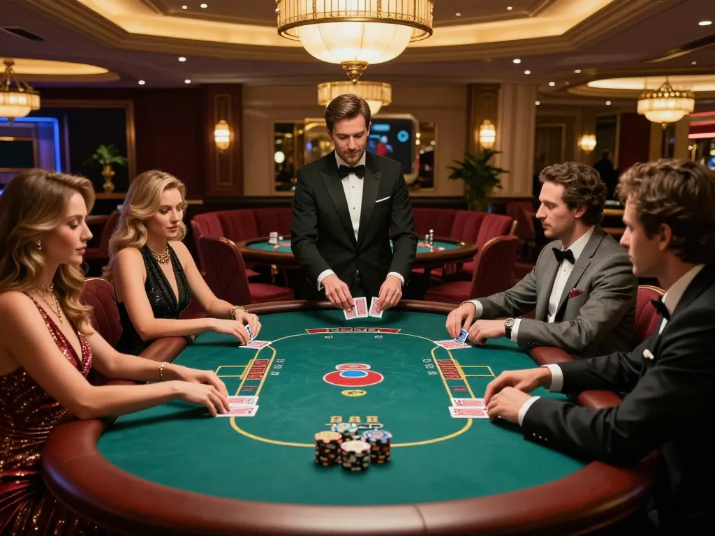 Situs gacor active poker game in luxurious VIP area with players and dealer engaging.