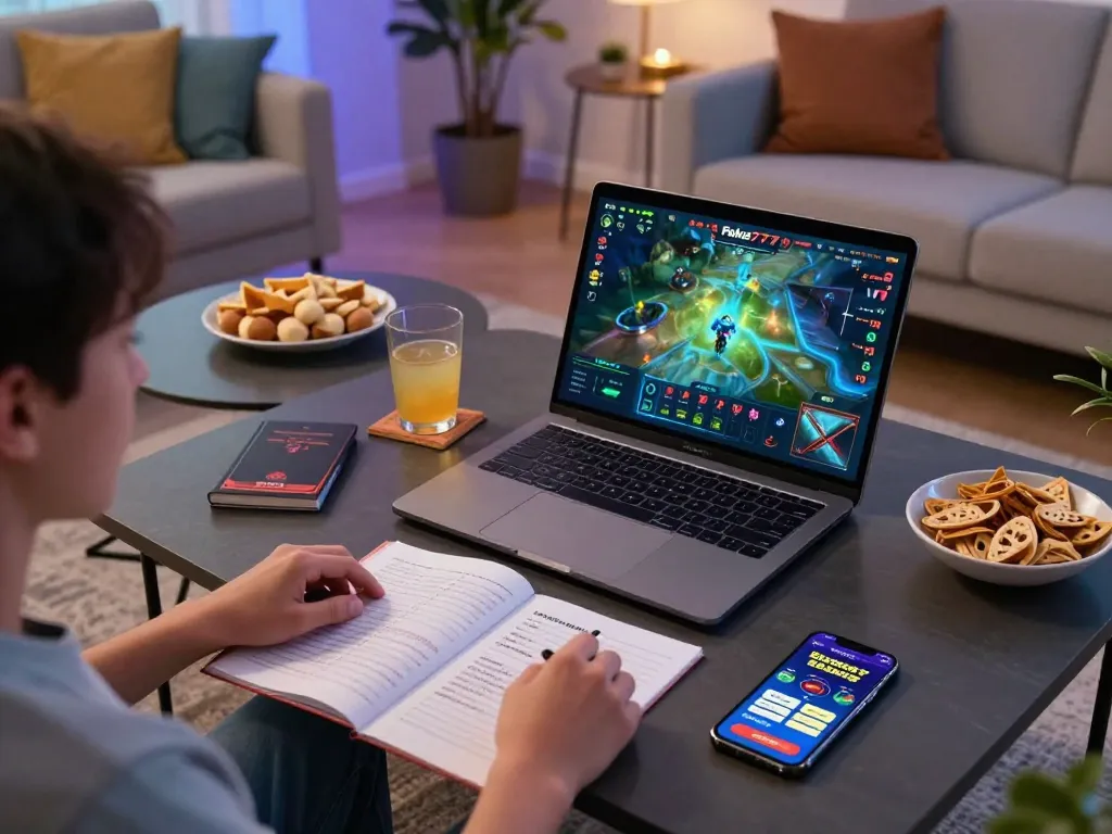 Engaging gaming moments on Fokus777 with a player strategizing in a cozy home setup.