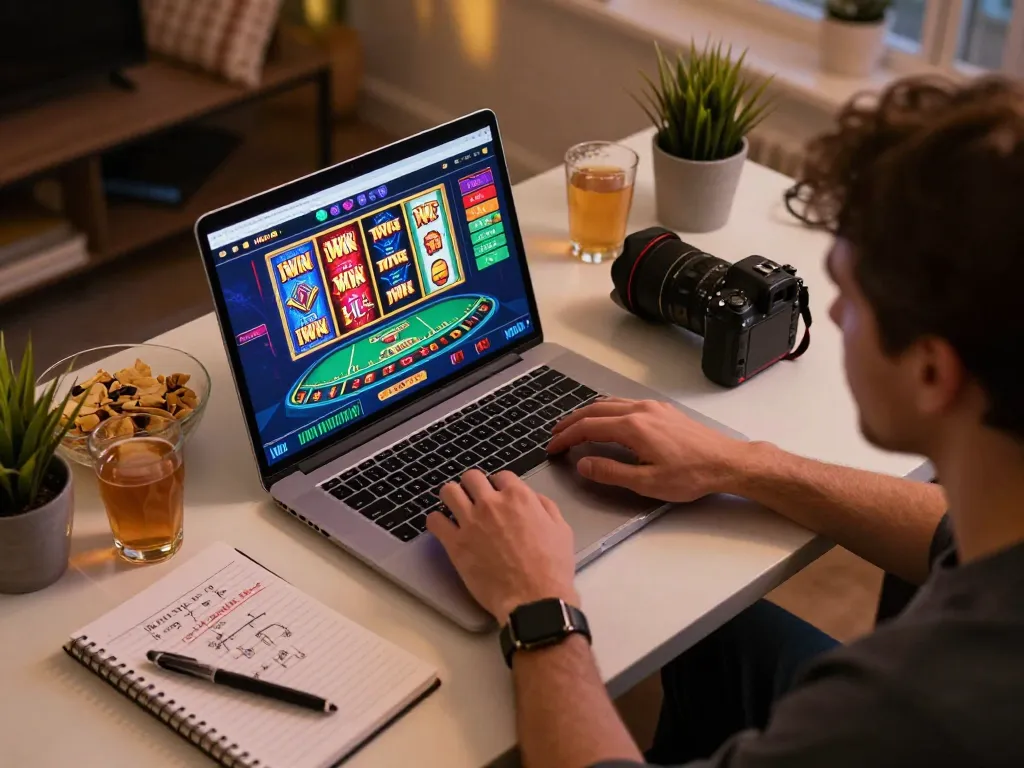 IWIN player engaging in dynamic online gaming session with colorful slot games on laptop