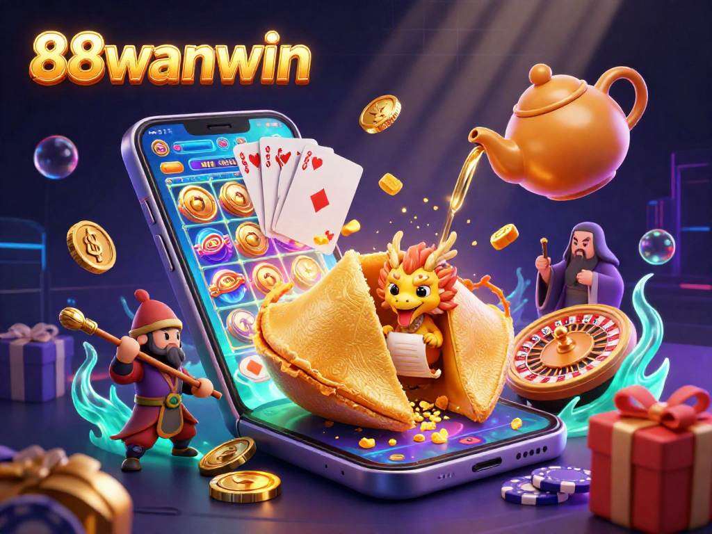 Experience exhilarating gaming with 88wanwin's vibrant 3D casino scene depicting fortune cookies and slot games.