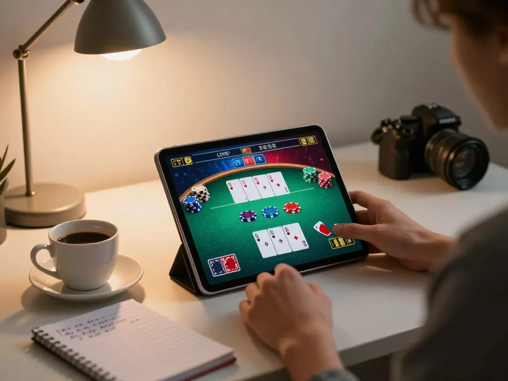 23vn23 user engaged in strategic online poker game on tablet in a cozy home setting.