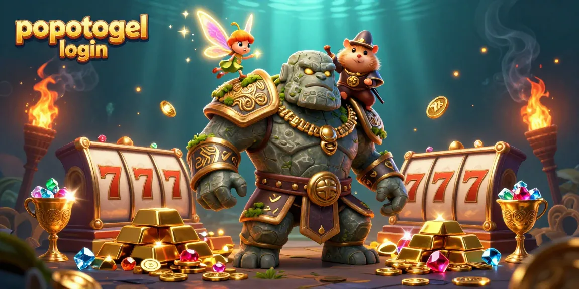Experience the excitement of popotogel login with vibrant slot games in a magical scene featuring a golem and sparkling fairy.