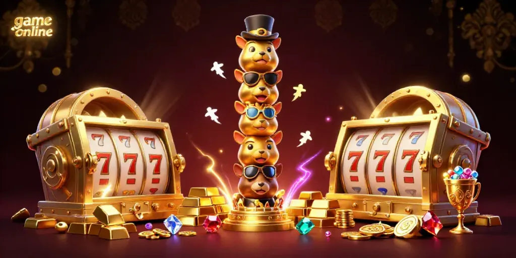 Engage with game online action in this vibrant 3D casino illustration with rich details and golden themes.