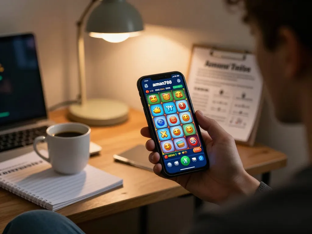 A player actively engaging with the aman788 slot online app on their smartphone, showcasing colorful game symbols in a cozy home environment.