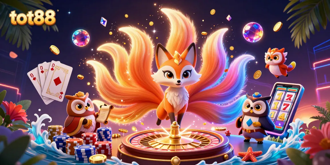 tot88 showcases a vibrant 3D illustration featuring a nine-tailed fox spirit and a wise owl sage in a dynamic casino setting.