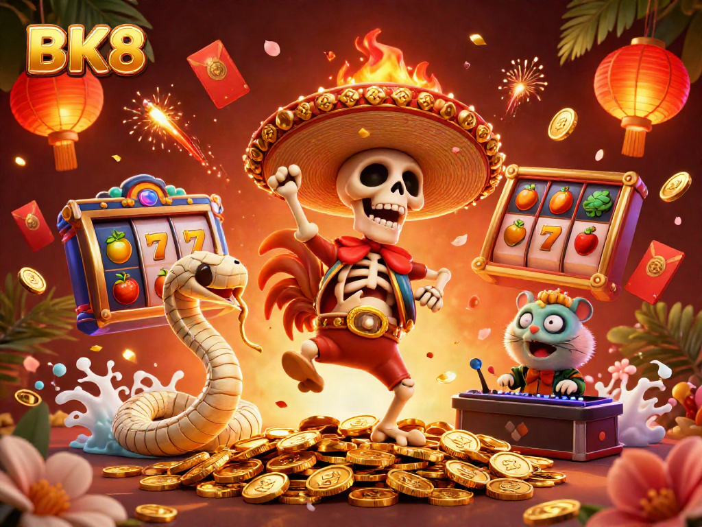 Dance with BK8's lively mascot characters celebrating on golden coins amidst a festive casino atmosphere.