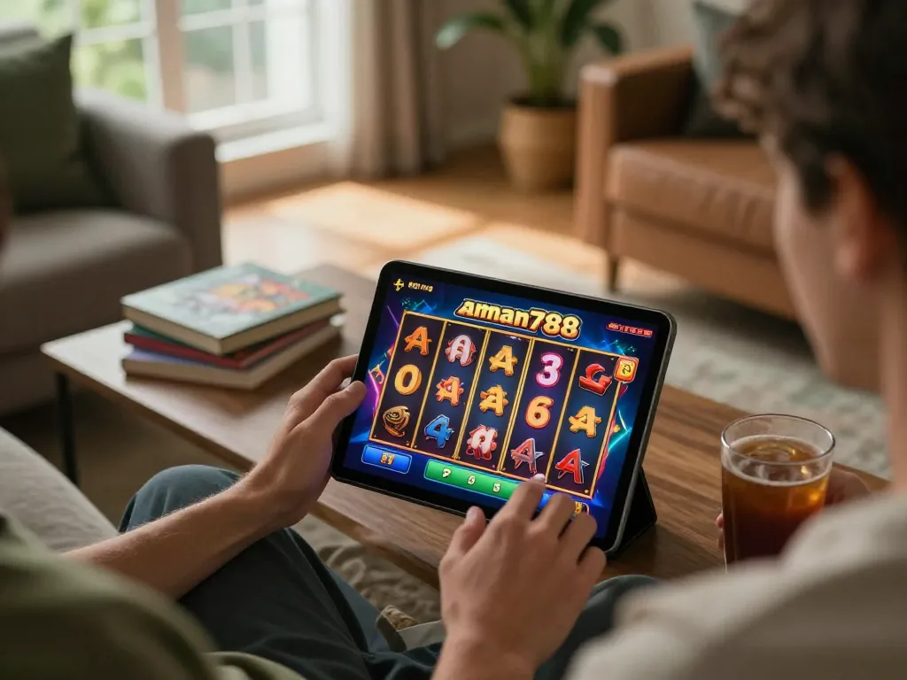 Suasana menarik seorang pemain menikmati slot online aman788, menyoroti pengaturan permainan di rumah yang nyaman dengan tablet dan materi strategi.