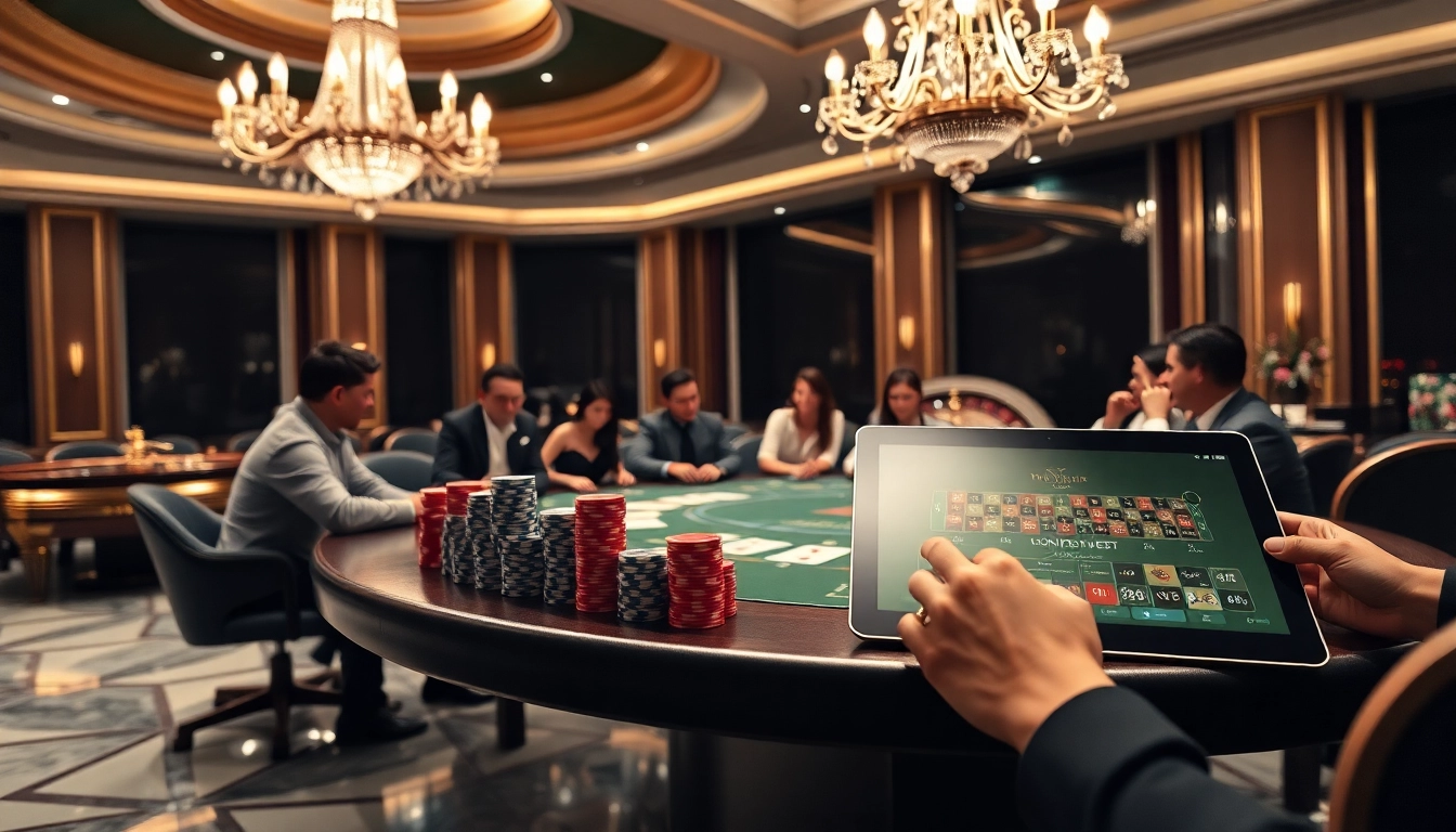 A thrilling poker game scene at https://f8bet.me.uk/ with colorful chips, cards, and a digital interface.