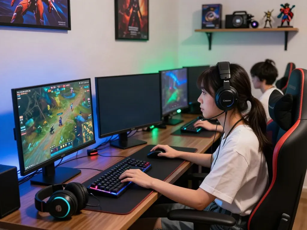 Gamer engaging in an akunjp online gaming session with vibrant graphics and multiple monitors.