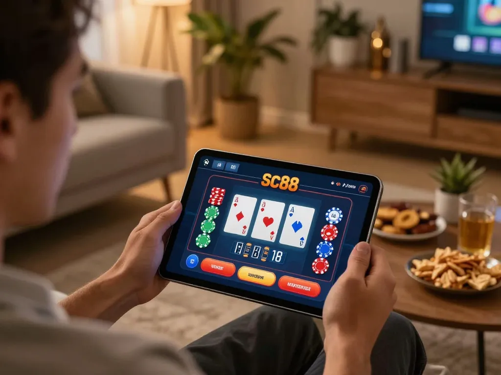 Player engaging with the sc 88 casino app at home, emphasizing strategic betting in a cozy setting