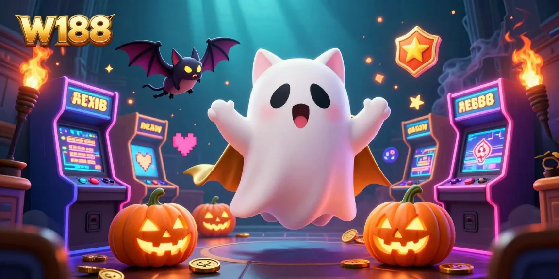W188 explores thrilling gaming action with a ghost cat and vampire bat amid glowing casino elements.