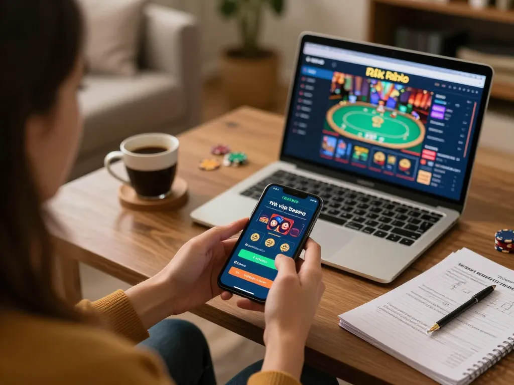 Engaging with rik vip casino app on smartphone, enjoying home gaming atmosphere