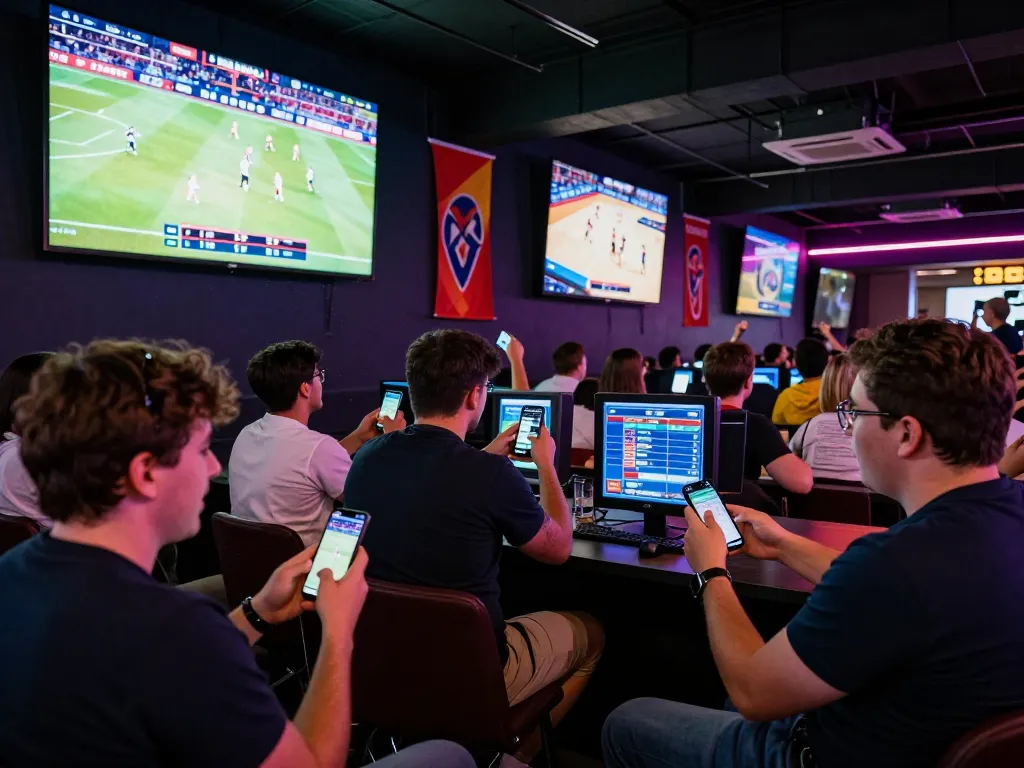 Fans engaging with nhà cái 8xbet while placing live sports bets in an exciting arena atmosphere.