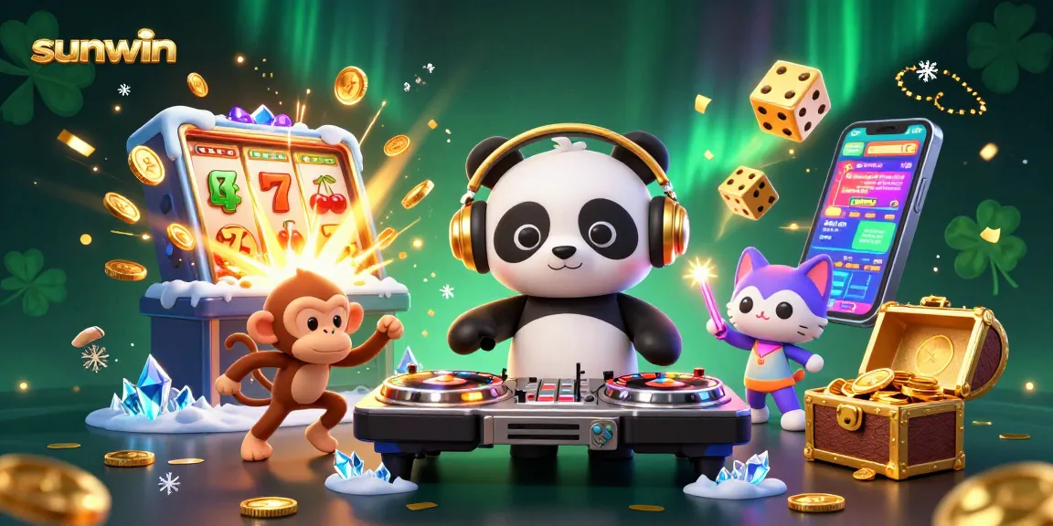 Experience the thrill of sunwin with 3D characters celebrating jackpots amidst casino elements.
