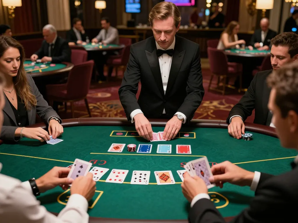 KJC players engaged in blackjack strategy at an upscale casino table, capturing the thrill of responsible gaming.