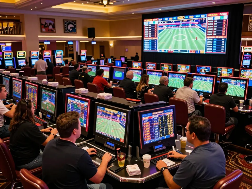 Soi keo nha cai enthusiasts placing bets at a bustling sportsbook in Las Vegas casino.