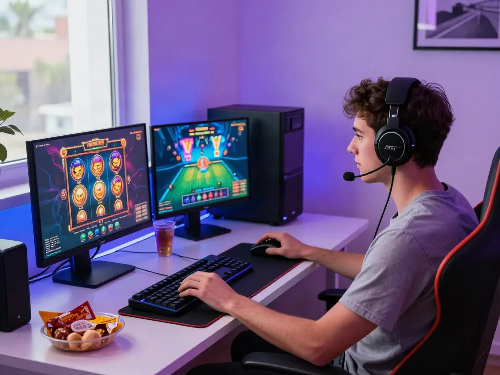 Akunjp gaming setup showcasing a player engaged in an exciting online slot game with vibrant lighting and peripherals.