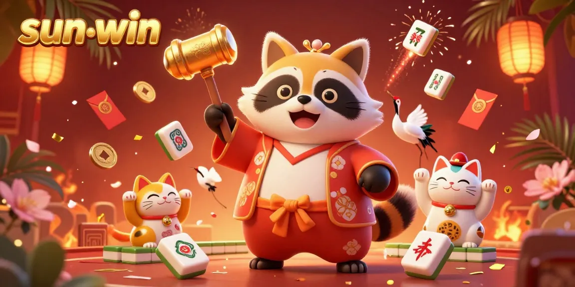 Experience thrilling luck at sun-win with a festive, colorful casino-themed 3D illustration filled with fortune symbols.