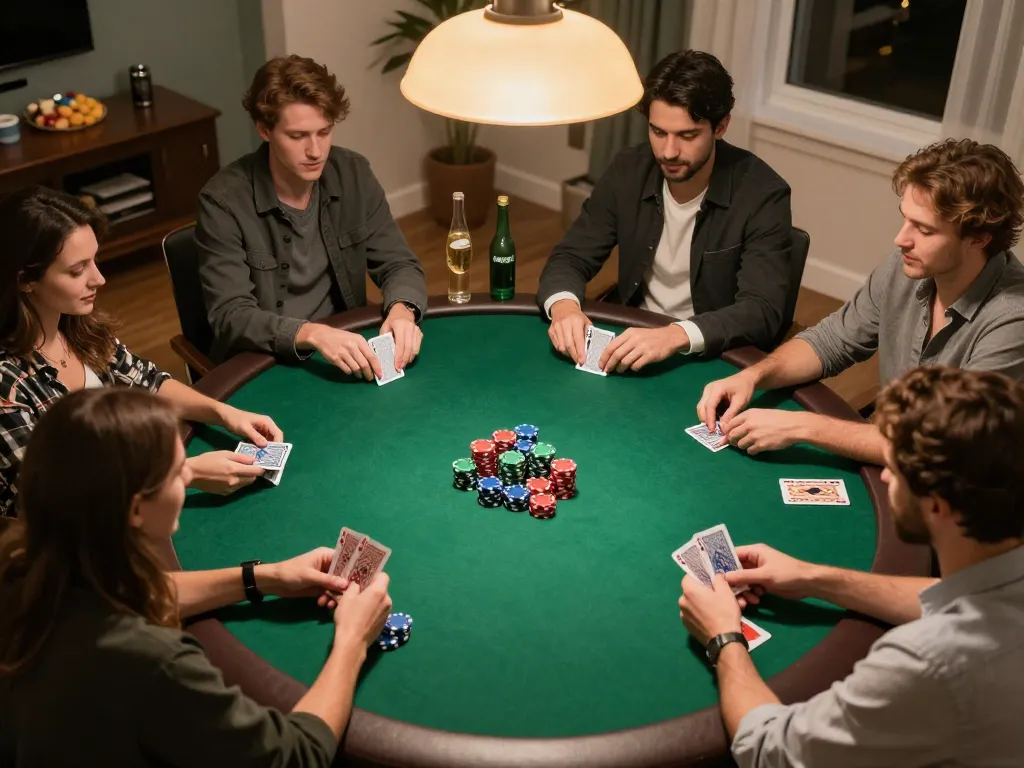 Sunwin players enjoying an exciting home poker game with colorful chips and cards