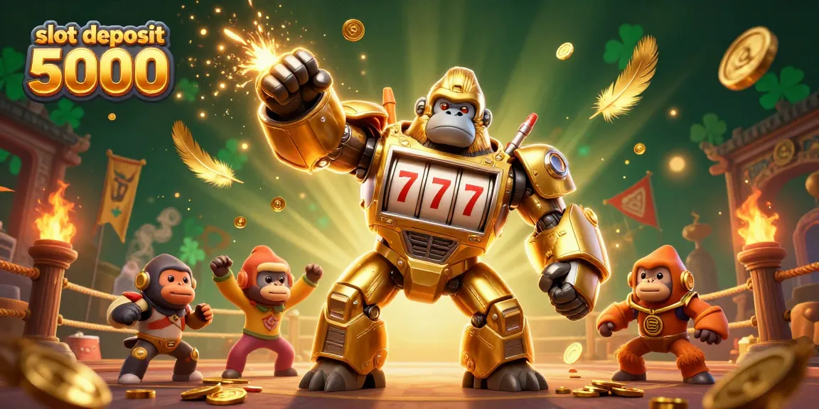 Experience the excitement of slot deposit 5000 with dynamic gaming visuals, featuring a golden gorilla mech and vibrant elements.