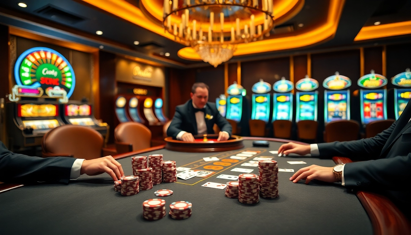 Experience the thrill of gambling at onew88.com with vibrant casino visuals featuring poker tables and slot machines.