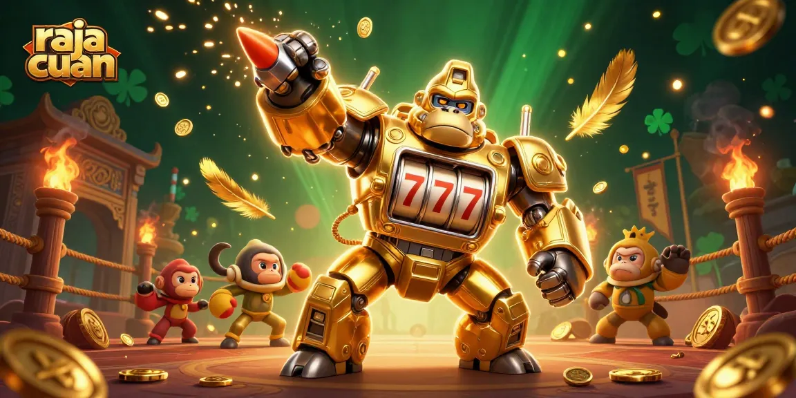 Raja Cuan menampilkan mekanik gorila berwarna emas bersama simbol slot yang memutar, menciptakan keseruan judi online.