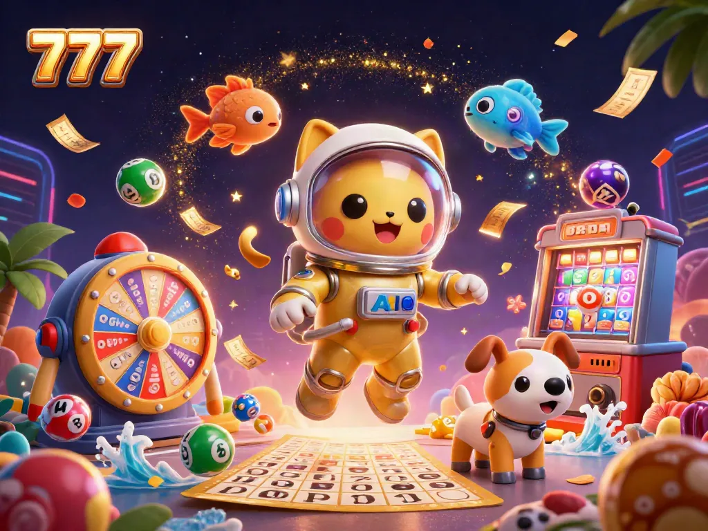 Memutar angka 777 dengan elemen kasino menarik, kucing astronot luar angkasa memainkan lotere.