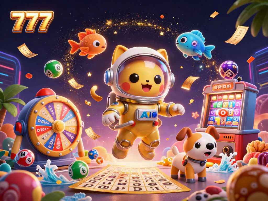 Memutar angka 777 dengan elemen kasino menarik, kucing astronot luar angkasa memainkan lotere.
