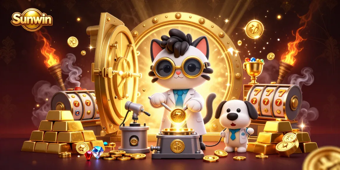 Sunwin enhances gaming excitement with 3D cartoon characters among gold treasures and jackpots.