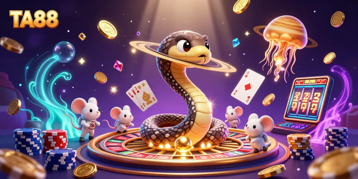 TA88 captures exciting bets with astronaut mice and cosmic dealer in a vibrant casino scene.