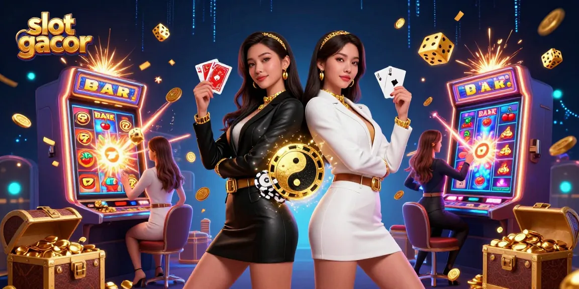 Experience excitement in slot gacor gaming with stunning Asian duo, cards, and jackpot effects.
