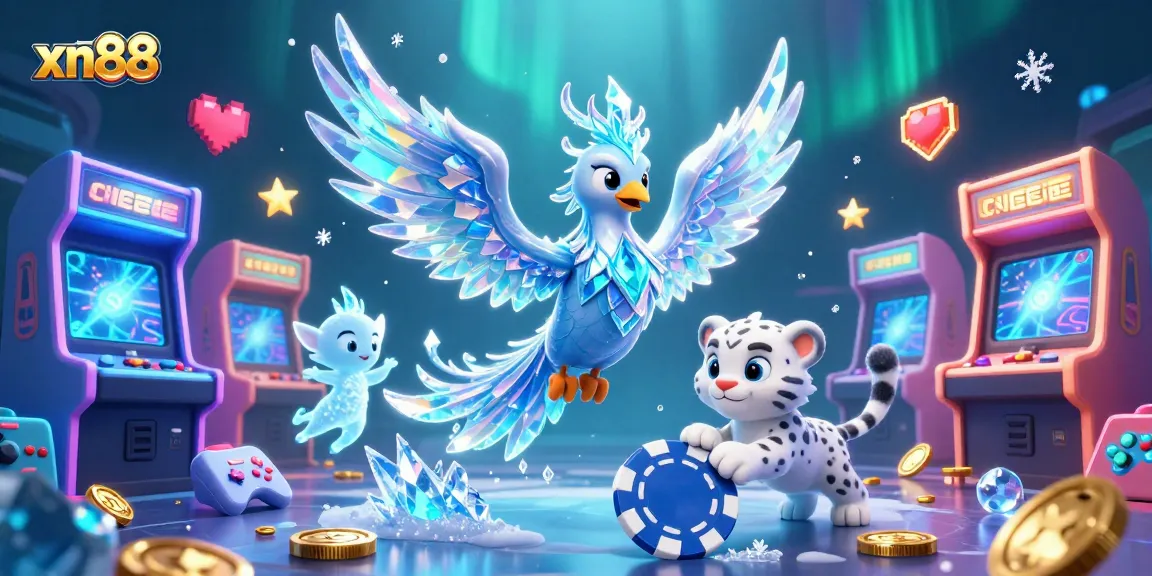 Win big at xn88 with a dazzling 3D scene featuring colorful gaming elements and characters.