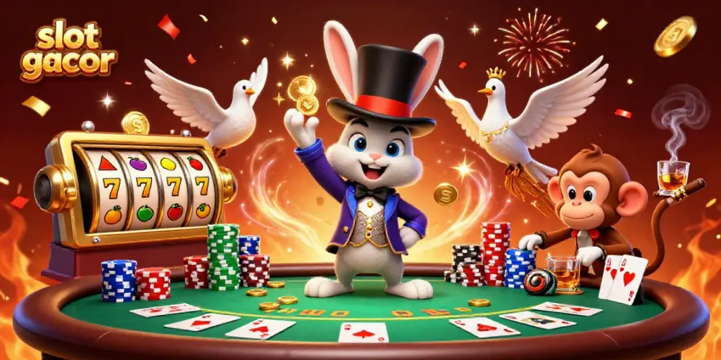 Experience the excitement of slot gacor with a magical scene of a rabbit, dove, and monkey amidst dynamic casino elements.