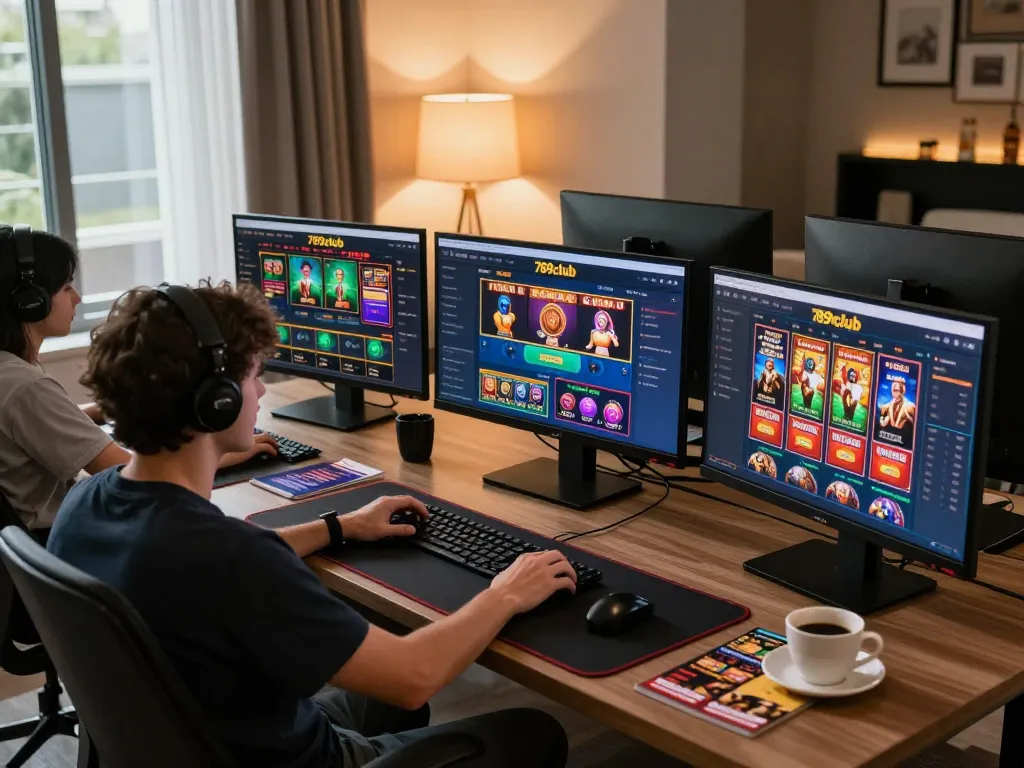 Player engaging with 789club online slots and games at home, maximizing strategic gameplay.
