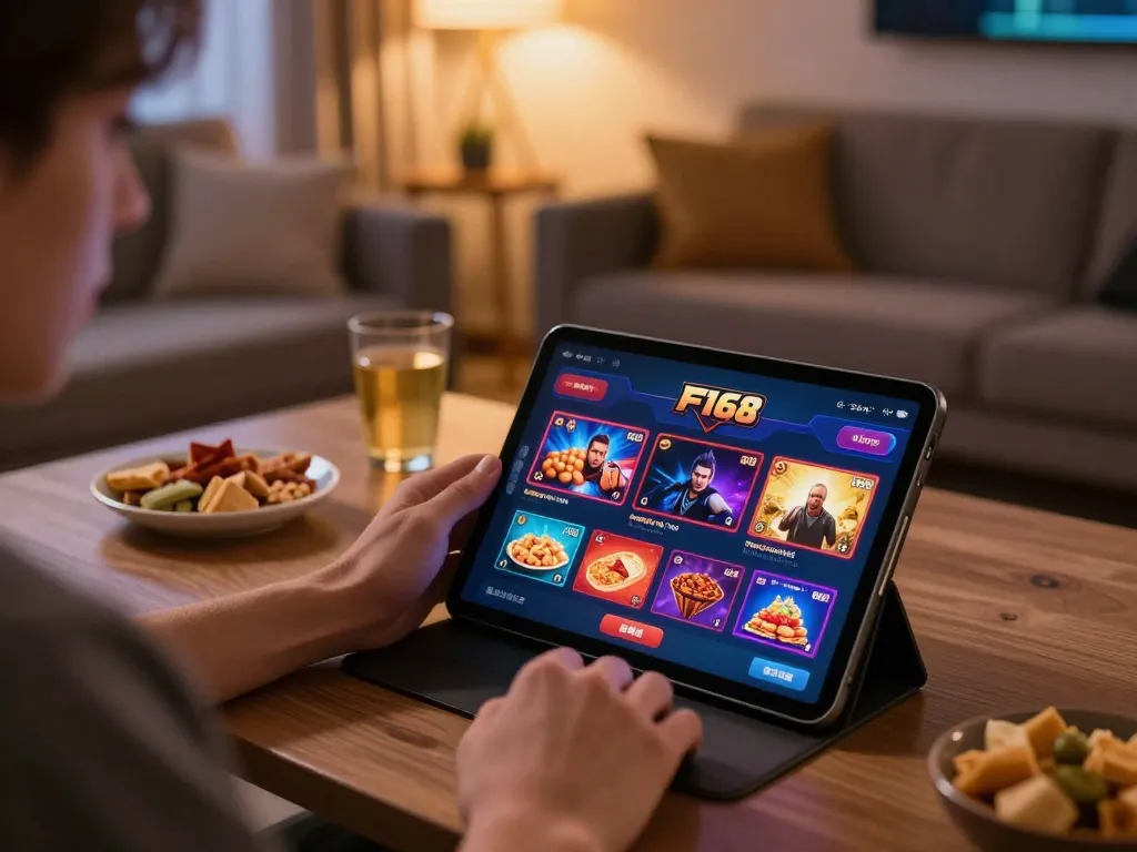 Play F168 casino games online with a tablet in a cozy home, enjoying the gaming experience while sipping a drink