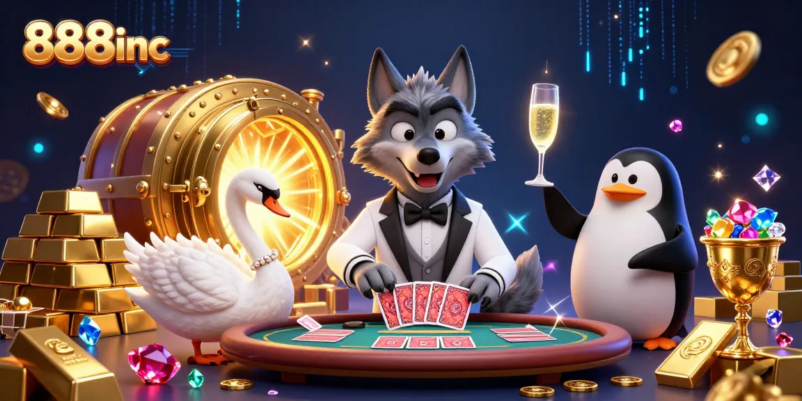 Experience the excitement at 888inc with a vibrant illustration of characters at a baccarat table amidst treasures.