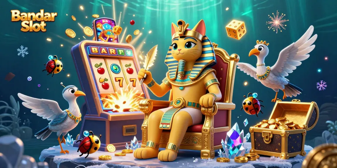 Permainan Bandar Slot dengan kucing firaun dan mesin slot meledak di tengah harta yang bersinar.