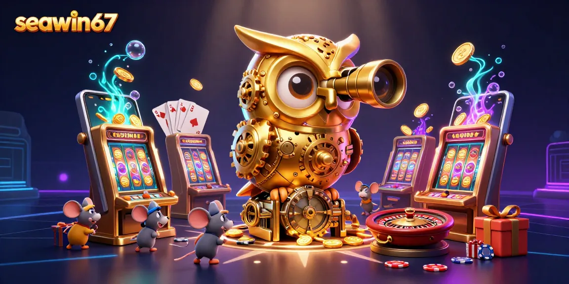 Visualisasi seawin67 yang menampilkan burung hantu emas dan mesin slot penuh detail, mengundang para pemain.